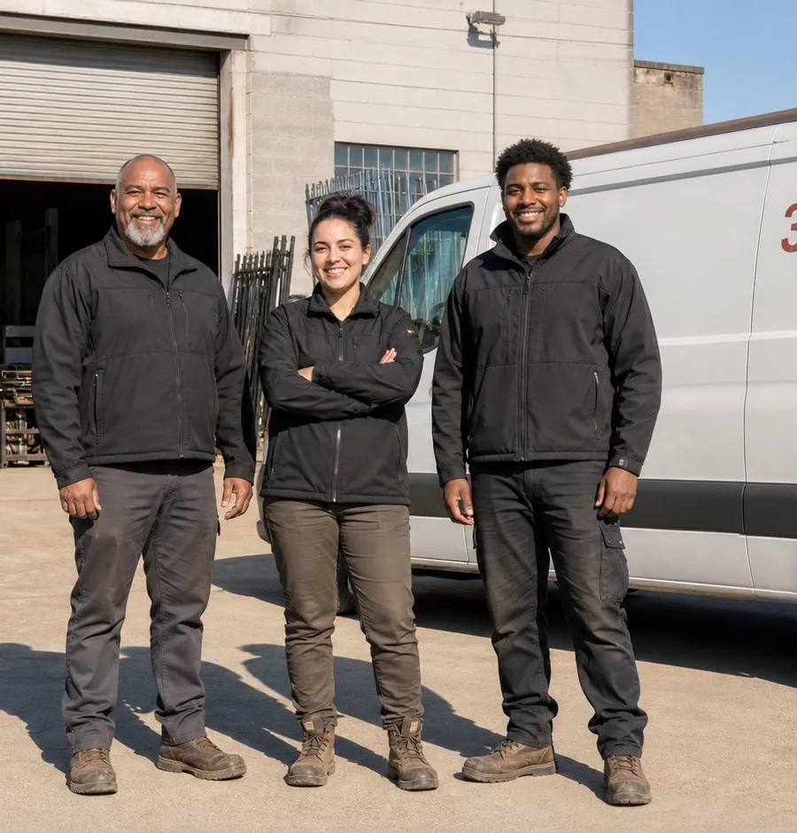 The 313 Gates crew smiling together outside their Metro Detroit workshop beside their branded service van