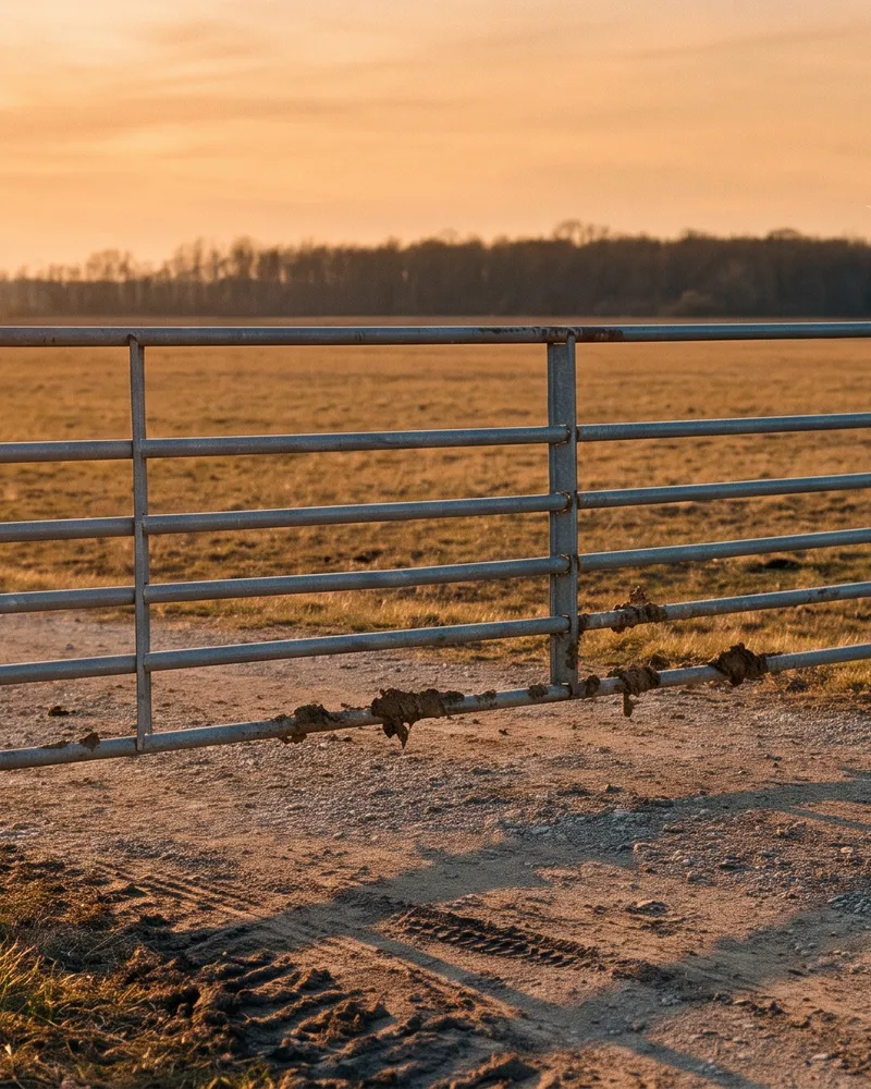 Long galvanized tube farm gate with a latch chain across a gravel drive in open Michigan farmland at golden hour