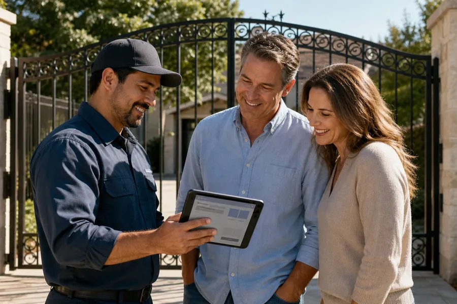 Technician reviewing a financing estimate on a tablet with a homeowner couple in their sunny driveway