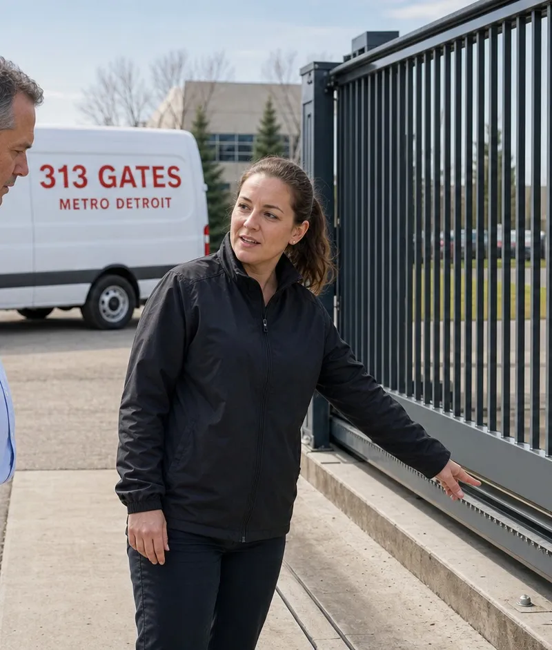 Facility manager and technician reviewing a commercial slide gate beside a 313 Gates branded service van in daylight