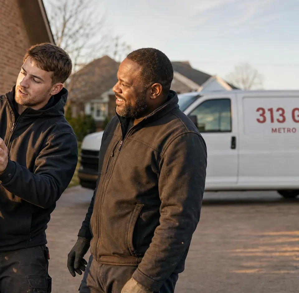 Two installers setting a new steel gate post beside a 313 Gates branded work van at golden hour