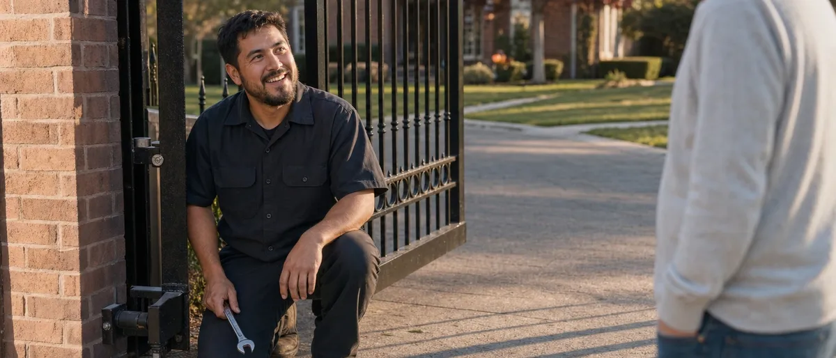 Smiling technician kneeling at a driveway gate hinge in warm morning light while a homeowner looks on