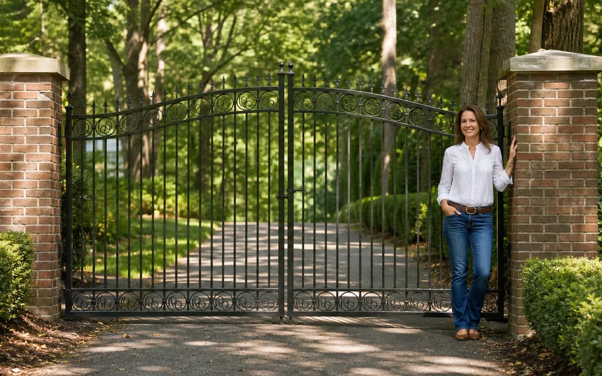 Homeowner beside a wrought iron estate gate on a sunlit wooded Troy Michigan driveway